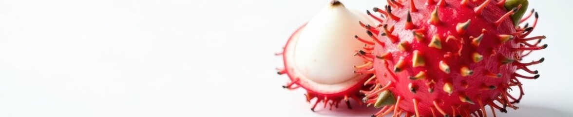 Close-up view of a rambutan fruit on white, showcasing texture, tropical, red