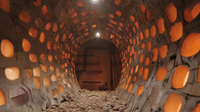 Orange glow emanating from basalt ceramics within a kiln in a hyperbaric environment, illuminated by embedded heaters, showcasing transformation