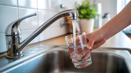 Pure Water Pour: A hand gracefully pours fresh, clean water into a transparent glass beneath a gleaming faucet, showcasing the essential refreshment for healthy living and hydration.