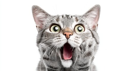 Fototapeta premium Surprised Grey Cat Close-Up Wide-Eyed, Mouth Open Composition, Pet Photography, Animal Portrait Pet photography, cat portrait