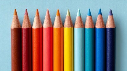 Ten Sharpened Colored Pencils in a Row, Rainbow Hues on Blue Background, Creative Composition, Art Supplies colored pencils, rainbow