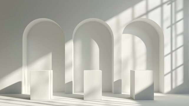 Minimalist showcase features white pedestals beneath arched openings in a sunlit architectural space for product display and art exhibition