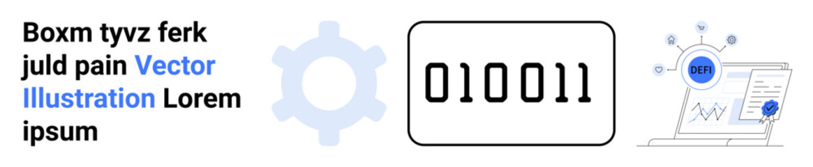 Gear representing automation, binary code display, analytics screen, and graph. Ideal for technology, coding, machine learning, data trends, productivity statistics simple landing page
