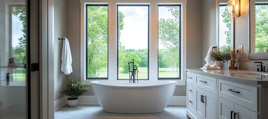 A luxurious master bathroom with elegant fixtures, a freestanding tub, and a serene atmosphere