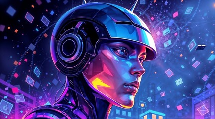 sleek metallic robot in modern flat design with iridescent colors for tech concepts