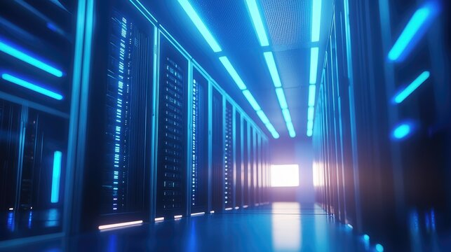 High-tech data center corridor with glowing blue ceiling and cabinet lights, featuring secure server racks and modern digital storage architecture in perspective