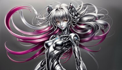 futuristic female robot in dynamic pose with flowing hair for sci fi concept
