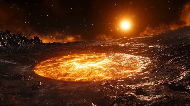 Molten protostar radiating intense orange flares, wrapped in chaotic bands of fragmented ice and rock 