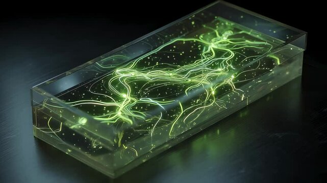 Transparent organ on a chip revealing microfluidic channels with flowing nutrients through illuminated vascular network, showcasing biomedical engineering innovations