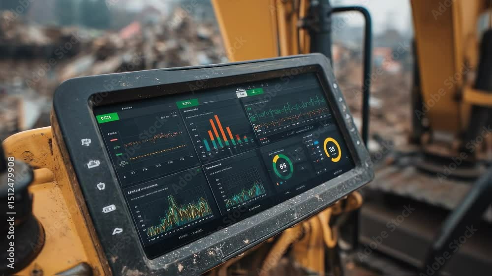 Poster digital interface on an ai driven excavator displays real time analytics on copper extraction effici