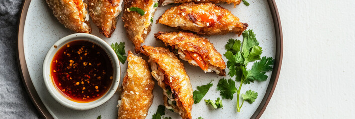 Crispy spring rolls are arranged neatly on a round plate, accompanied by a small bowl of flavorful dipping sauce and garnished with fresh green herbs during a bright meal setting, banner