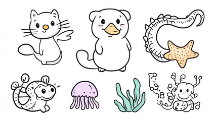 Fototapeta premium Cute cartoon sea animals