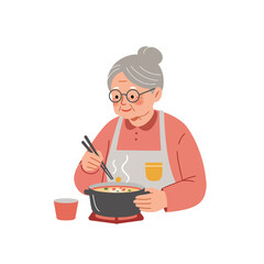 Vector image of senior woman cooking in the kitchen, hobbies and content aging. Steaming asian dish on the table