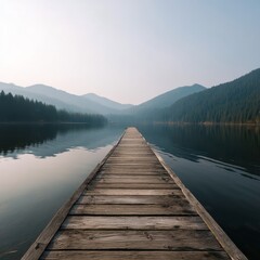 Obraz premium Wooden Dock Leading to Misty Mountain Lake, Long Exposure, Calm Water, Peaceful Scenery, Nature Photography, Landscape Lake, Dock