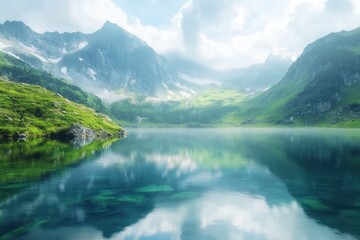 Fototapeta premium Seamless mystical mountain lake background with lush greenery and serene reflections, Mystical Mountain Lake Photo background Seamless quality