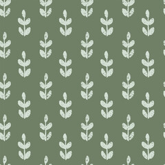 Seamless vector repeat pattern with tiny ditsy leaf branch half drop in light blue with slight weathered texture on olive green. Boho, simple, universal ditsy abstract botanical shapes.