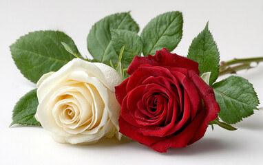 Naklejka premium Two intertwined red and white roses in sharp focus against a white background, symbolizing love, unity, and harmony. Ideal for romantic, floral, or symbolic design themes.