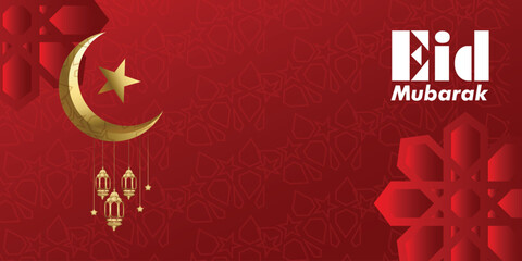 Eid Mubarak Muslim art greetings with Crescent Moon and Lanterns. Islamic celebration banner. ramadan kareem vector Wishing for Islamic festival for banner, poster, brochure and sale background. © Fazlerabbi