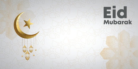 Eid Mubarak Muslim art greetings with Crescent Moon and Lanterns. Islamic celebration banner. ramadan kareem vector Wishing for Islamic festival for banner, poster, brochure and sale background. © Fazlerabbi
