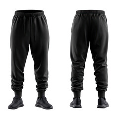 Men's black joggers, relaxed fit, featuring elastic waistband and cuffs, presented in a front and back view