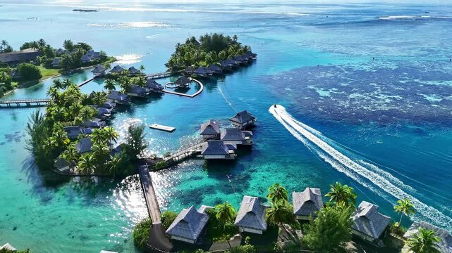 Drone Tahiti. Aerial view of Moorea island lagoon, overwater bungalows in clear ocean water. Luxury honeymoon vacation, romantic getaway. French Polynesia.