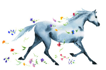 Watercolor or ink hand drawn trotting horse or pony with wildflowers on white. Hand painting beauty romantic Japanese style vector silhouette of wild running horse with falling flowers
