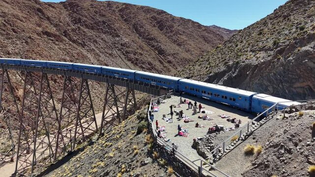 Aerial view of the "Train of the Clouds" in Salta, Argentina. La Polvorilla Viaduct.
