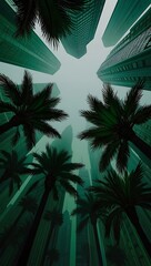 Tropical Cityscape Low Angle View Of Palm Trees And Skyscrapers In Green