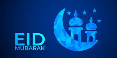 Geometric Eid al-Adha Celebration: Low Poly Crescent and Star Design on Blue Gradient Background