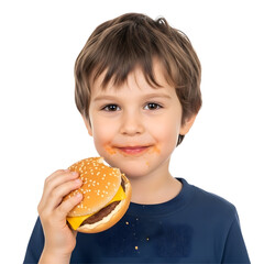  Close-up portrait of young boy with brown hair eating hamburger — isolated on transparent background