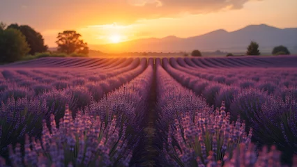 Selbstklebende Fototapeten Lavender field symmetry at golden hour. Ultra-realistic lavender landscape photography. Stunning sunset over lavender farms. Serene nature scenes with lavender blossoms. © domi002