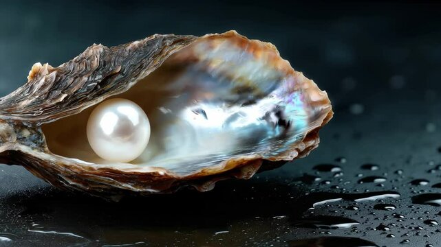 A shiny pearl sits inside an open oyster shell on a dark, wet surface, reflecting light with iridescent colors.