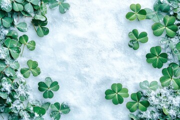 Fototapeta premium Lucky four leaf clovers surrounded by fresh snow in a serene winter landscape creating a beautiful contrast of green and white