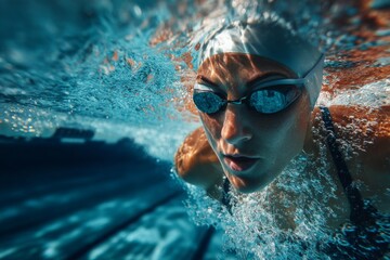 Female swimmer at the swimming pool. Underwater photo