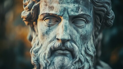 Intricate details of a weathered ancient stone statue emphasizing timelessness and history for art poster or decor