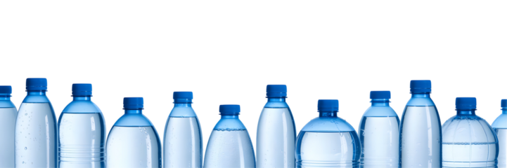Clean Water Bottles in a Row: A collection of clear, purified water bottles, each filled with fresh, hydrating liquid. Captured to convey purity, health, and the importance of hydration