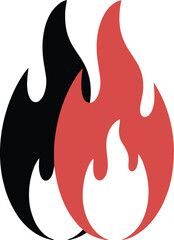 A simple graphic design featuring a black flame and a red flame overlapping on a white background