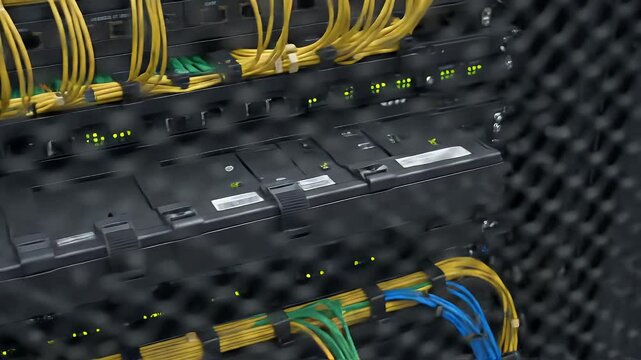 A server rack shows network cables and equipment.