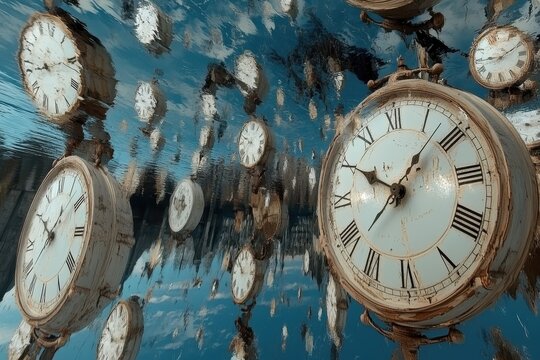 Clocks spinning in an abstract montage depicting the passage of time in a surreal environment, Clocks Spinning Time Passing Abstract Montage