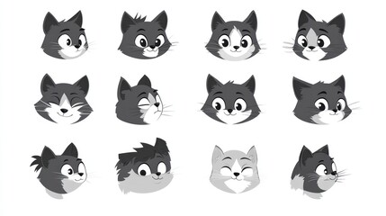 Fototapeta premium Cartoon cat faces in grayscale