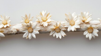 Obraz premium Group of white daisy flowers arranged in a horizontal line on a white background. the daisies have five petals each with a yellow center and are arranged in two rows of three.