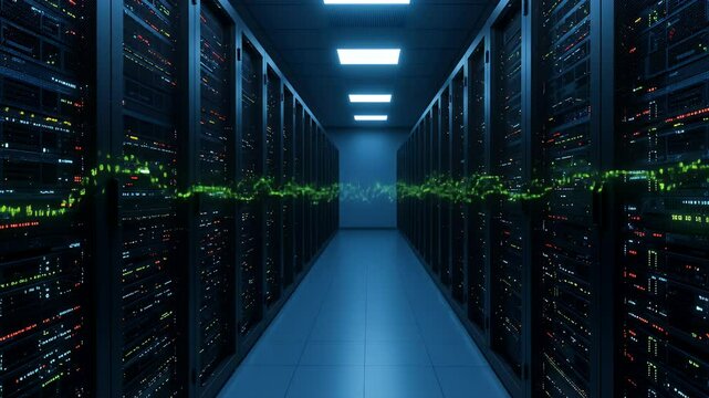 A server room shows rows of data storage racks.