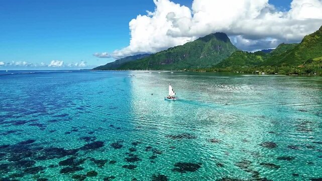 Drone Tahiti. Aerial Moorea island, French Polynesia. Crystal clear water blue lagoon. Exotic travel vacation getaway, romantic honeymoon destination. Famous tourism destination. 
