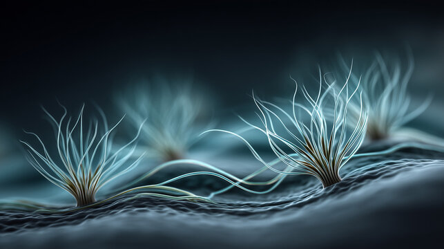 Microscopic view of cilia on cell surface in dark background  