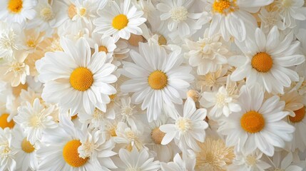 Fototapeta premium Close-up of a group of white daisy flowers with yellow centers. the daisies are arranged in a scattered manner, with some overlapping each other.