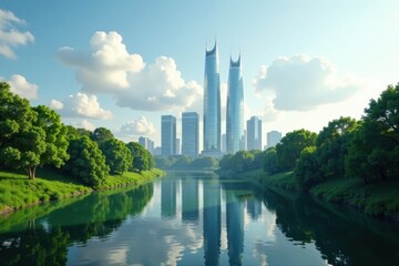 Reflective skyscrapers, lush greenery, calm river , unique, modern architecture, urban landscape