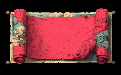 Vintage Red Scroll Vector with Rolled Edges and Ornament