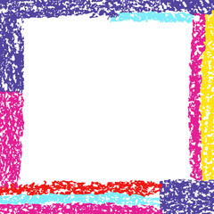 Abstract artistic square banner or frame background. Crayon hand drawn spots design element. Multicolor grunge texture. Pastel chalk or pencil vector trendy scribble strokes.