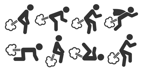 Stick man Farting icon symbol. Humor fart blowing wind sign logo. Human figure various postures. Vector illustration image. Isolated on white background.