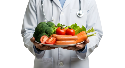  Doctor in lab coat holding plate of healthy foods — balanced diet and nutrition concept isolated on transparent background